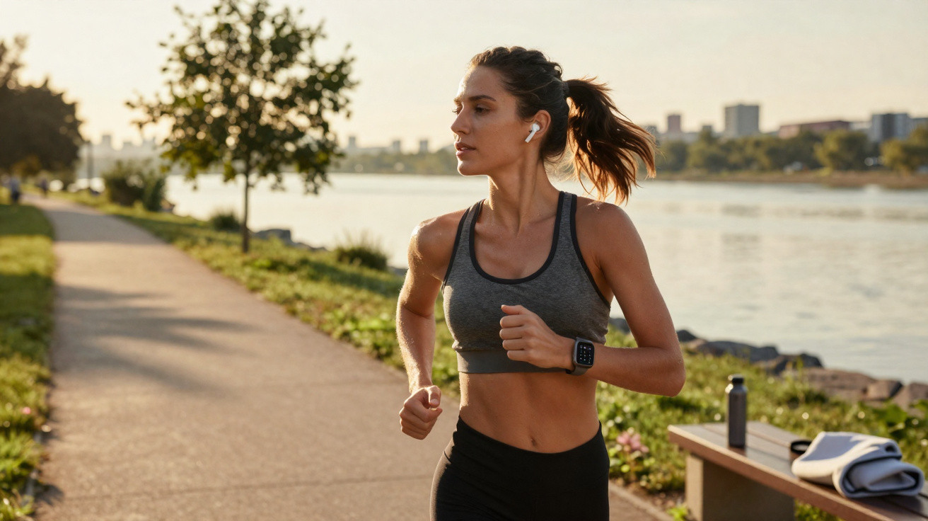 Mulher a correr num caminho junto a um rio ao amanhecer, com roupa desportiva e auscultadores brancos.
