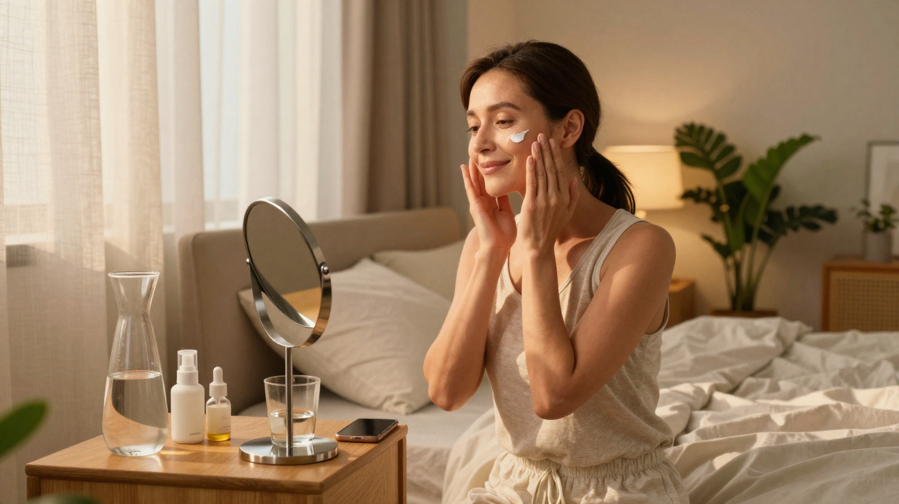 Mulher a aplicar creme no rosto sentada na cama, com espelho e produtos de beleza numa mesa ao lado.