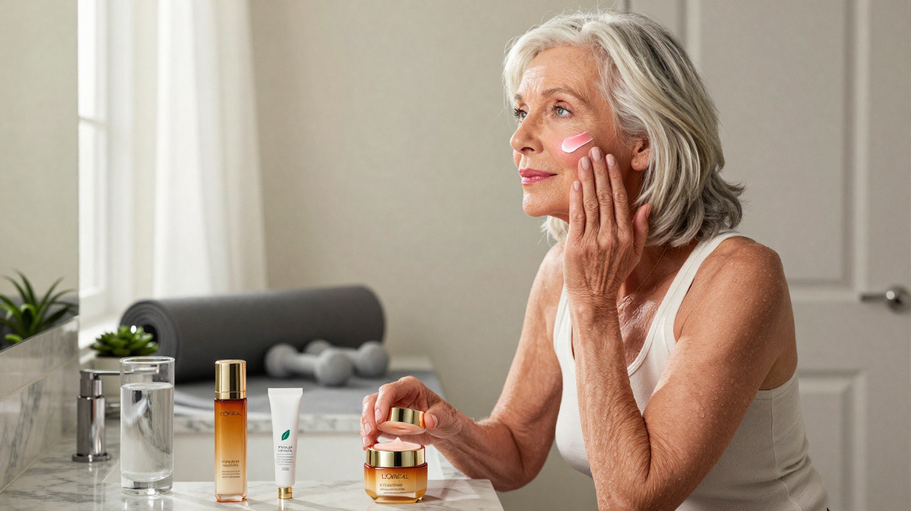 Mulher madura aplica creme no rosto em casa, com produtos de beleza sobre a bancada.