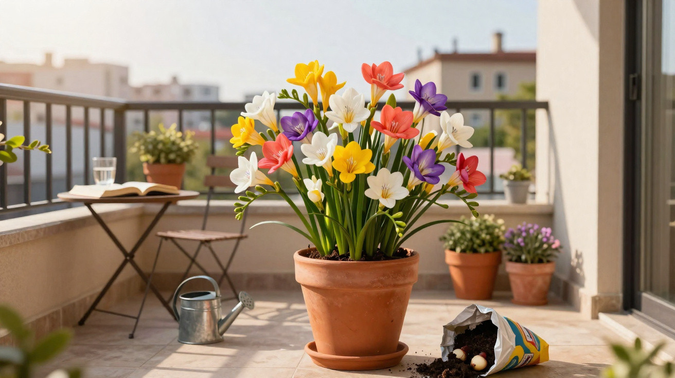 Vaso de barro com flores coloridas num terraço com cadeira, mesa, regador e saco de terra.