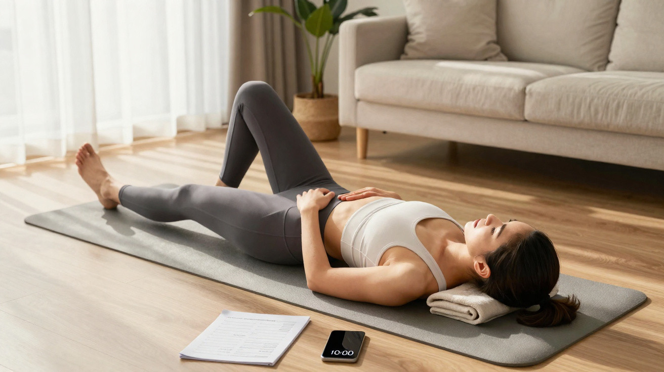 Mulher deitada a descansar sobre tapete de yoga numa sala, com telemóvel e caderno ao lado.