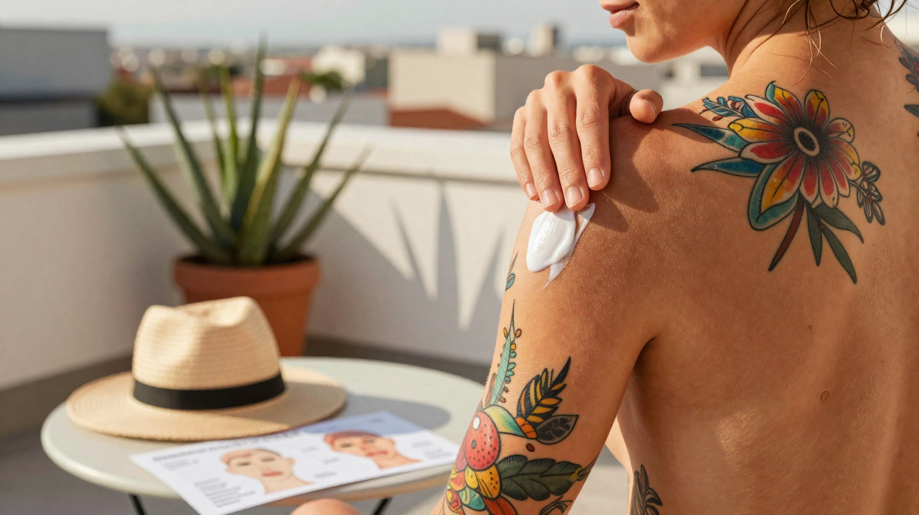 Pessoa com tatuagens a aplicar protetor solar no ombro num terraço com plantas e chapéu de palha.
