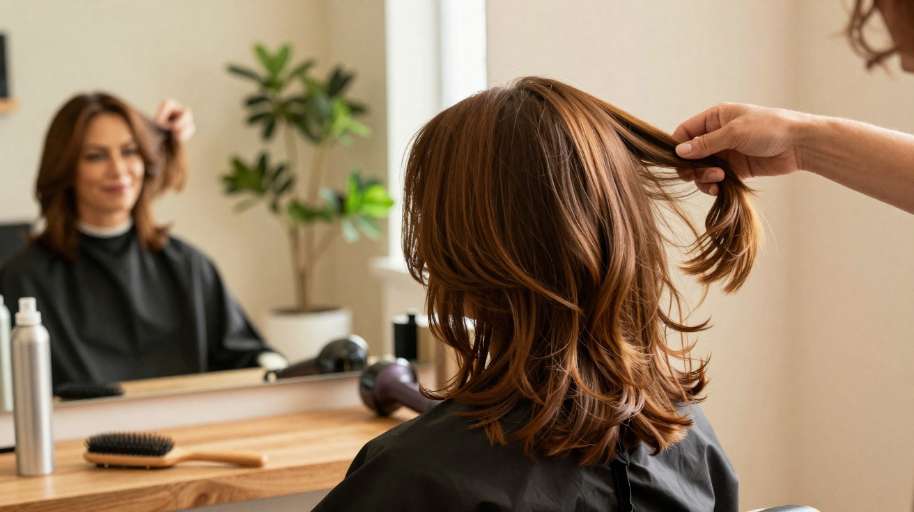 Mulher sentada num salão de cabeleireiro a olhar para o reflexo no espelho enquanto toca no cabelo.
