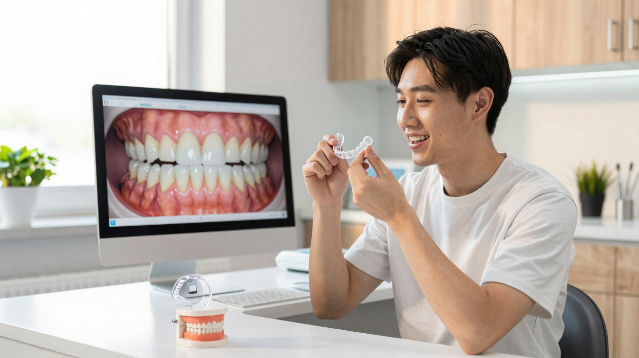 Homem a segurar um alinhador transparente de dentes num consultório dentário moderno.