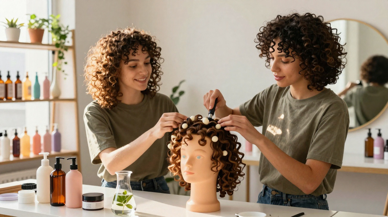 Mulher a criar penteado com rolos num manequim de cabeleireiro num salão moderno e iluminado.
