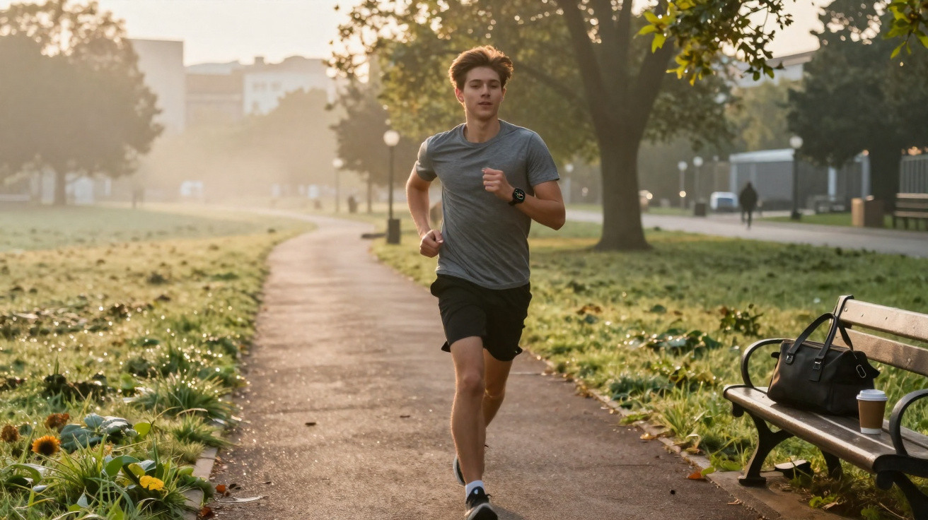 Jovem a correr num parque ao amanhecer, com banco, bolsa e café ao lado do caminho.