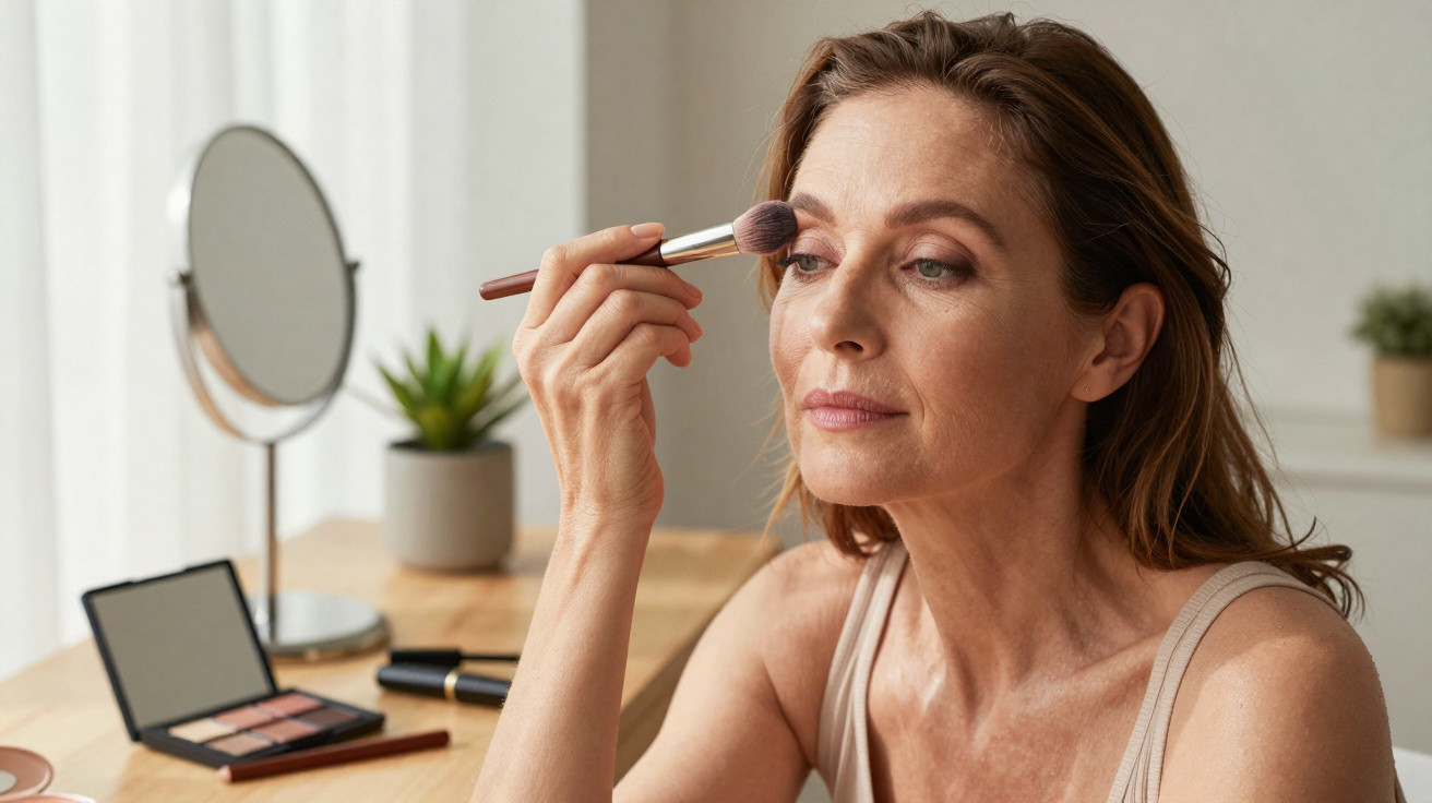 Mulher adulta a aplicar maquilhagem com pincel num ambiente interior, com espelho e produtos de beleza na mesa.