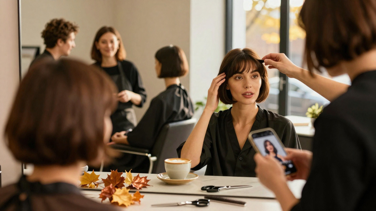 Mulher com cabelo curto a experimentar corte de cabelo num salão, enquanto estilista ajusta seus fios.