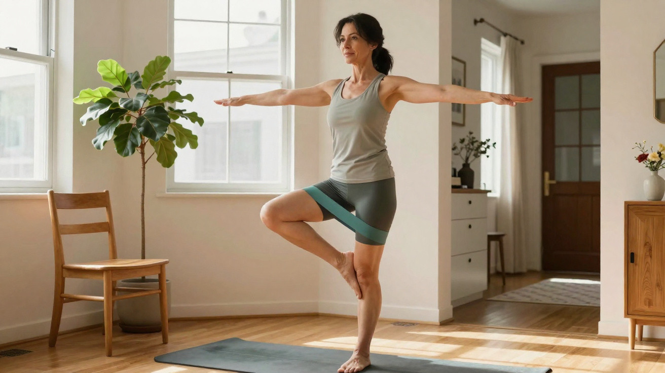 Mulher a fazer exercício com elástico nos joelhos numa sala iluminada, equilibrada numa perna sobre tapete.
