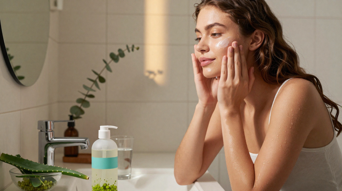 Mulher aplica creme hidratante no rosto junto a pia com planta e produtos de cuidados de pele.