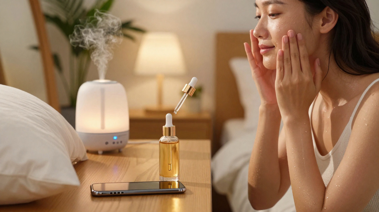 Mulher aplica sérum no rosto, em quarto com aromatizador e telemóvel sobre mesa de cabeceira.