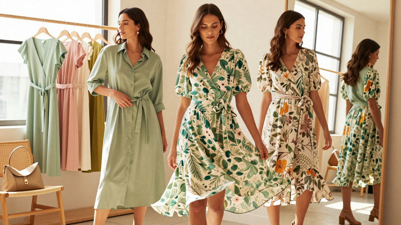 Três mulheres em vestidos elegantes em tons verdes e florais numa sala iluminada com roupas penduradas.