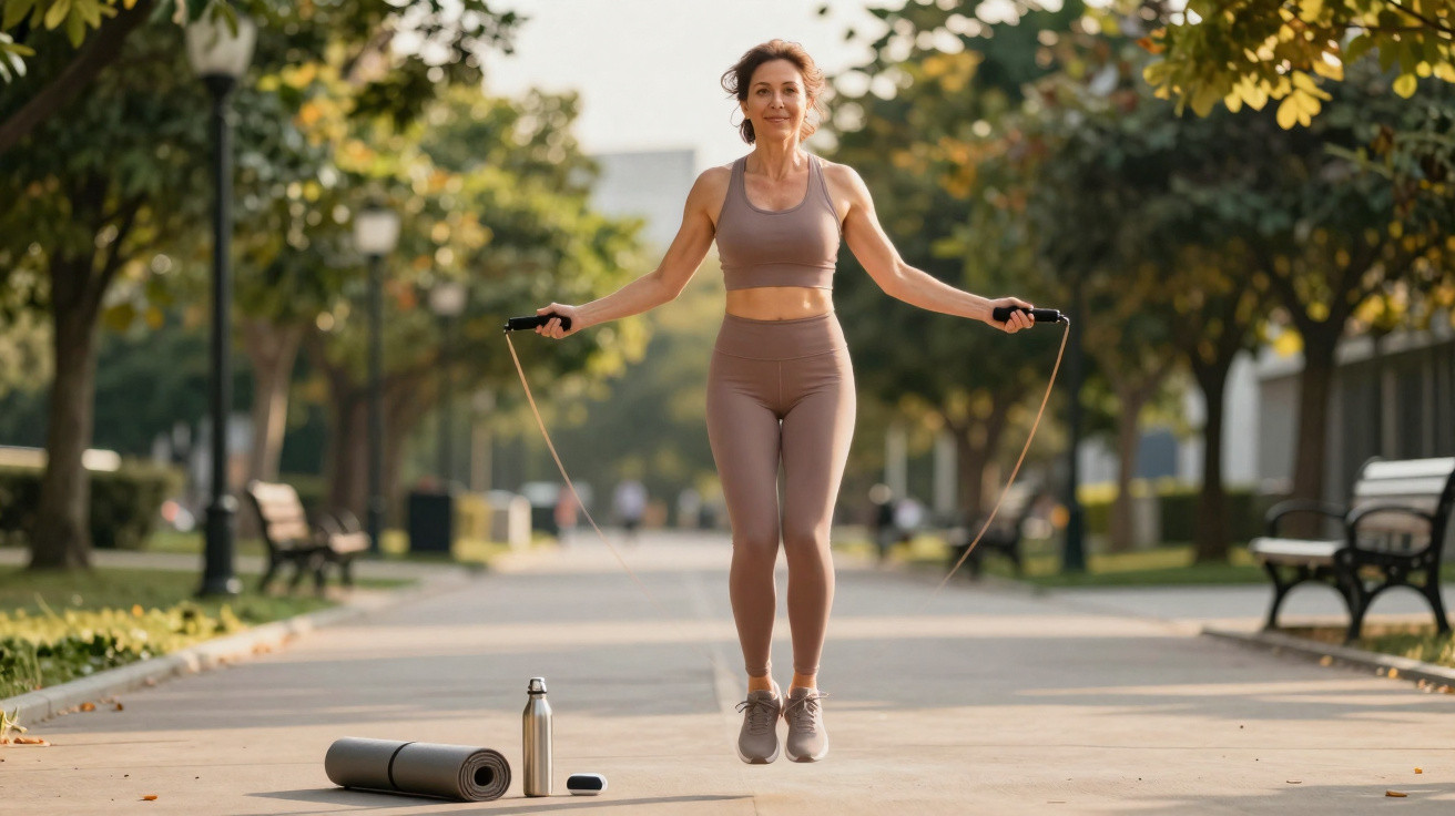Mulher a saltar à corda num parque urbano, com tapete, garrafa e auriculares no chão ao lado.