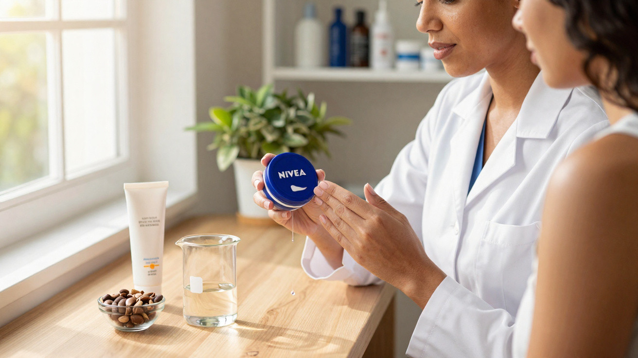 Profissional de saúde mostra creme Nivea a cliente numa consulta num ambiente luminoso e acolhedor.