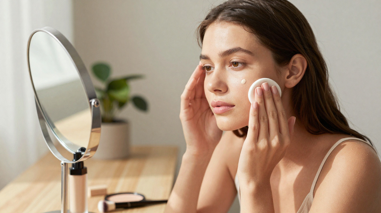 Mulher aplica creme facial com esponja à frente de espelho num ambiente calmo e iluminado.