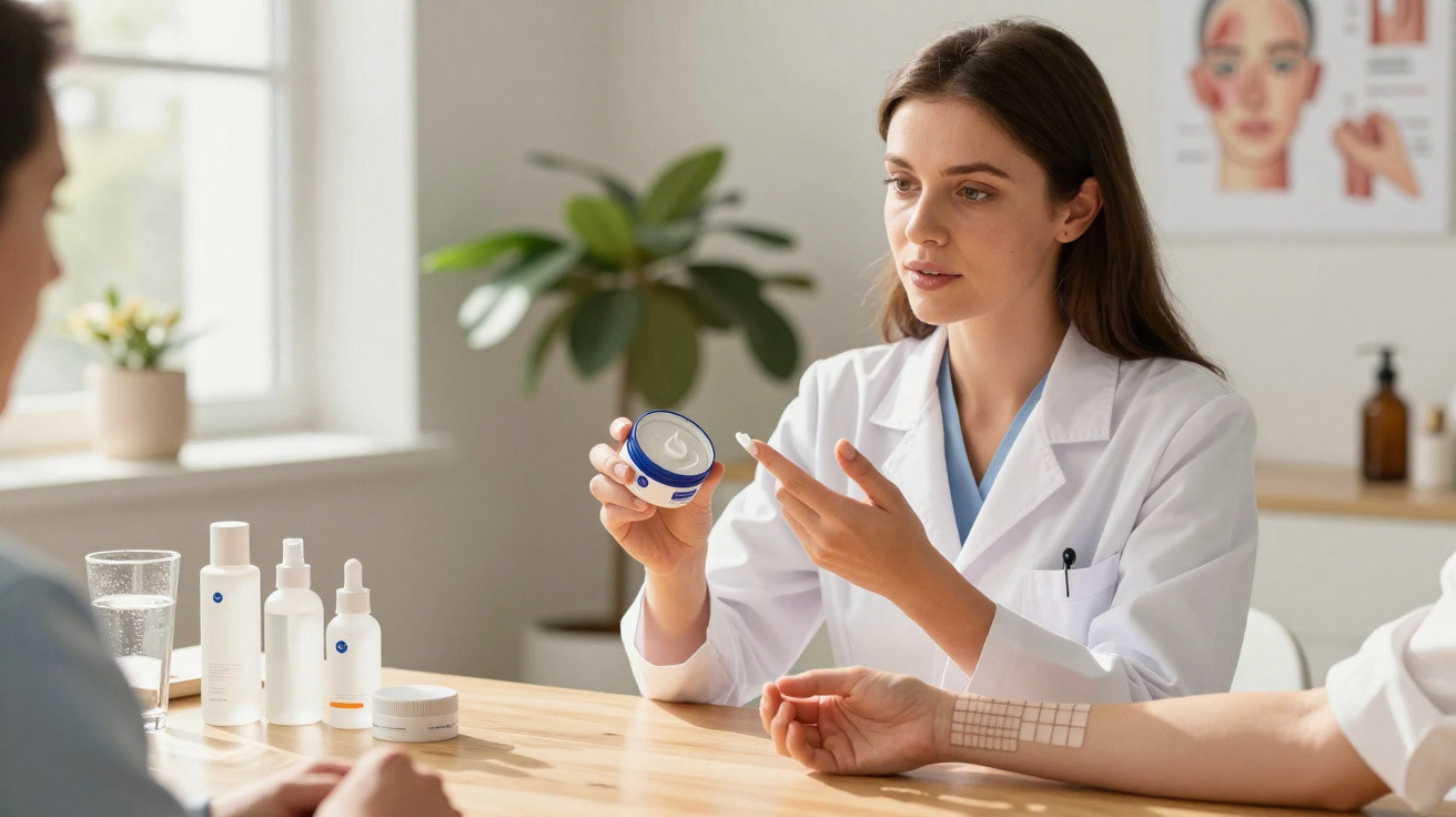 Dermatologista explica uso de creme para paciente com teste de alergia no braço.
