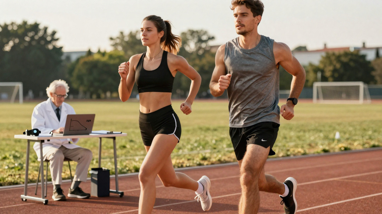 Dois corredores a treinar numa pista ao ar livre, com um médico a observar e anotar dados numa tabela.