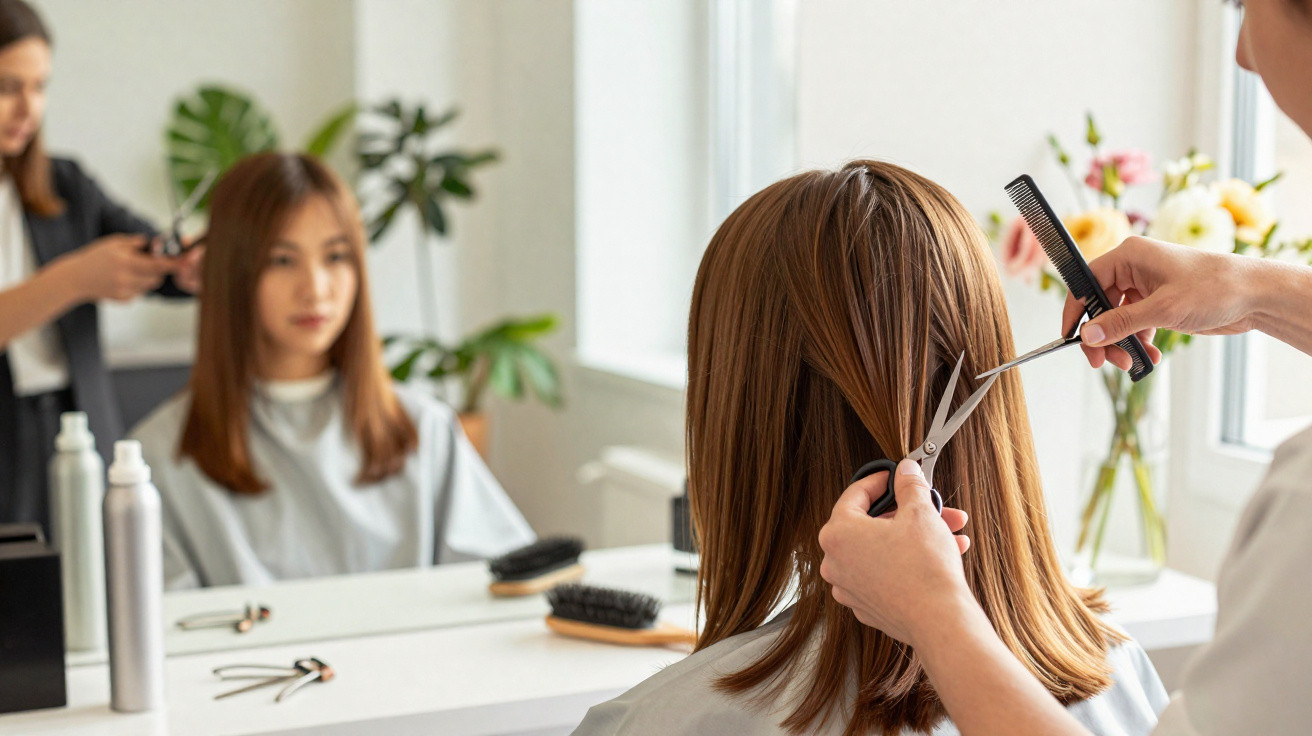 Cabeleireiro a cortar cabelo castanho de uma mulher num salão com espelho e plantas.