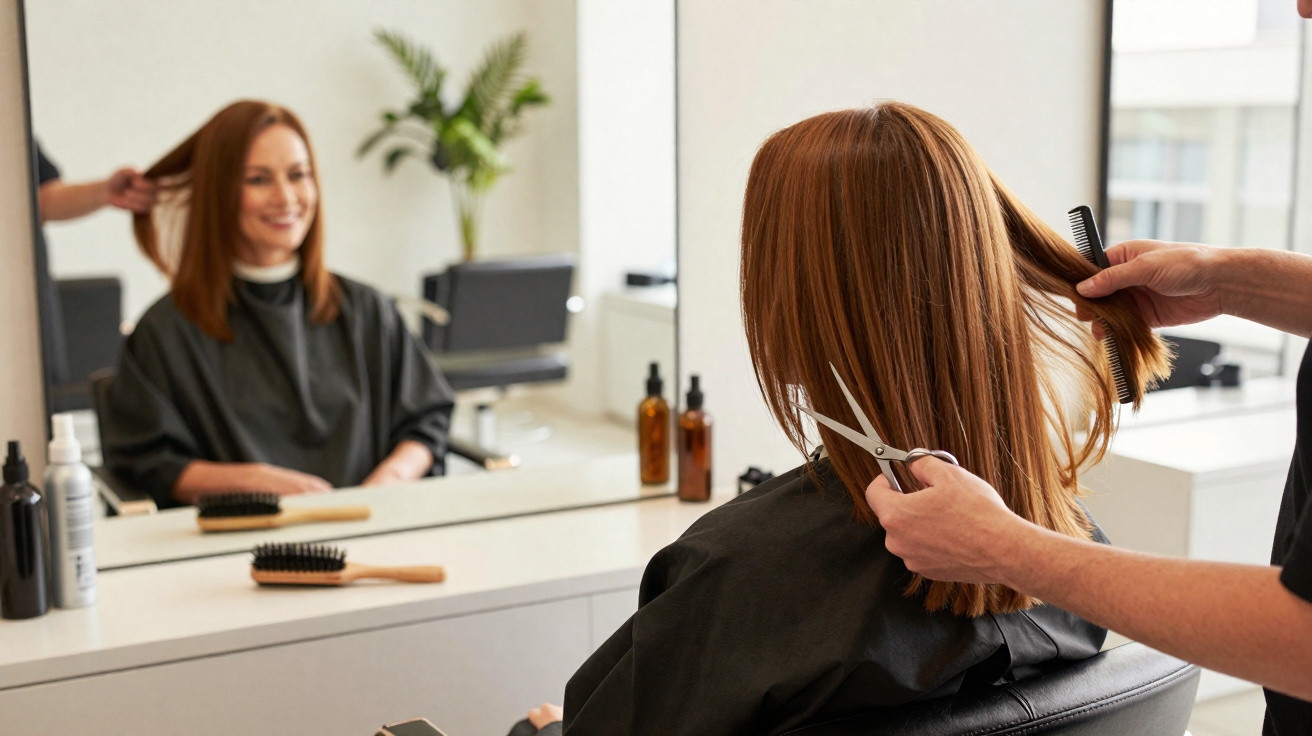Mulher de cabelo ruivo sentada em cadeira de cabeleireiro a ser cortada por profissional.
