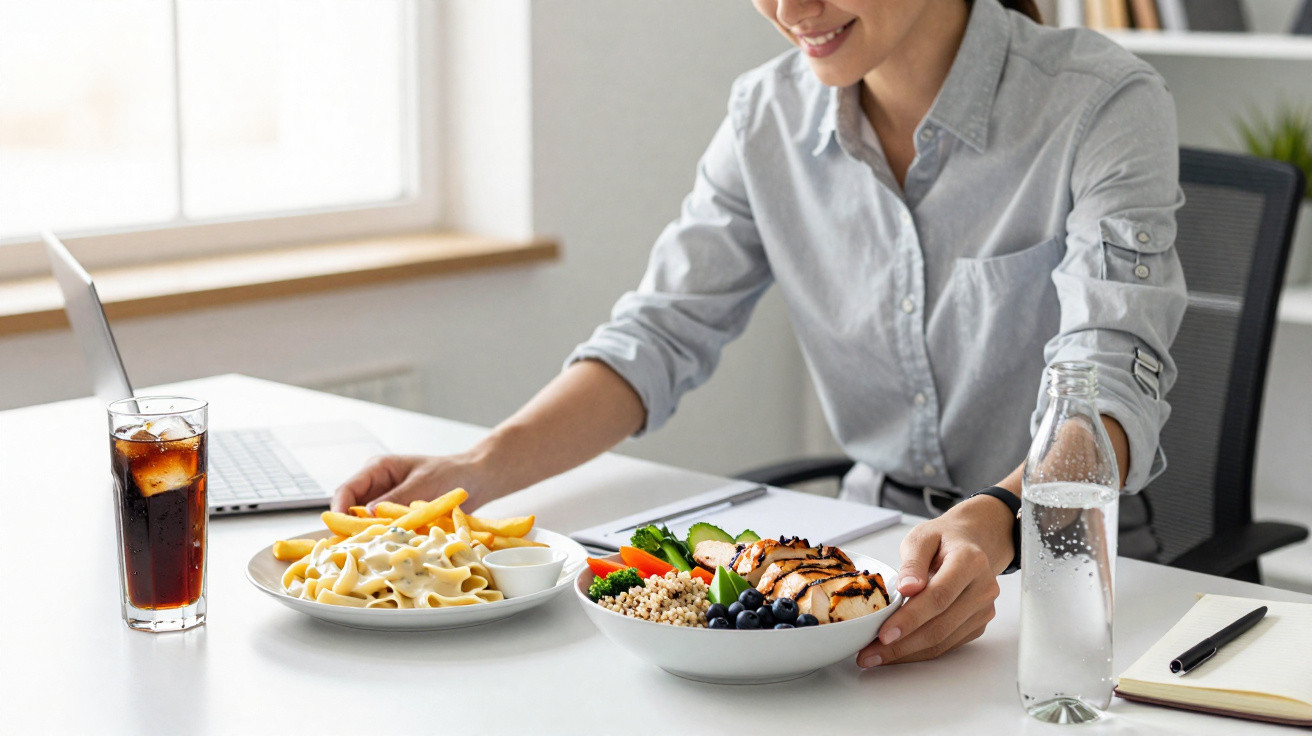 Mulher sorridente a trocar batatas fritas e refrigerante por salada saudável num escritório.