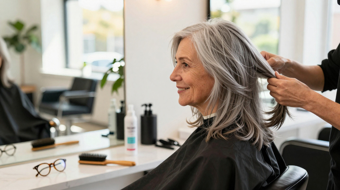 Mulher sénior sorridente a ser penteada num salão de cabeleireiro moderno e iluminado.