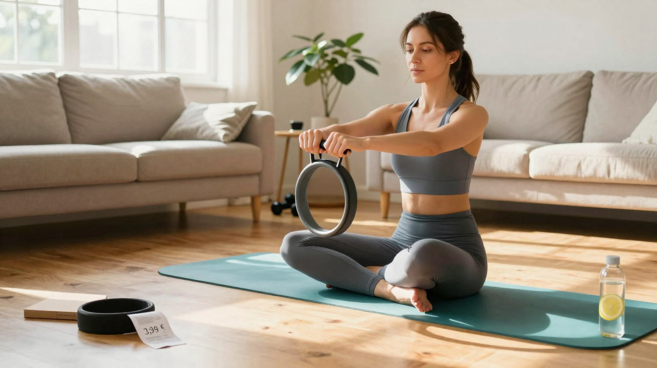 Mulher sentada em tapete de yoga a segurar anel de pilates numa sala iluminada e acolhedora.