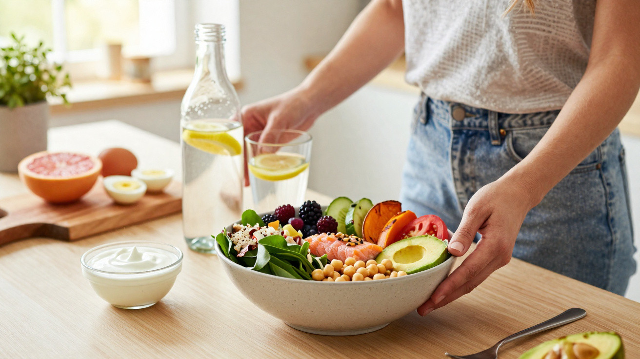Pessoa a segurar uma taça com salada colorida, ao lado de água com limão e ingredientes frescos na mesa.