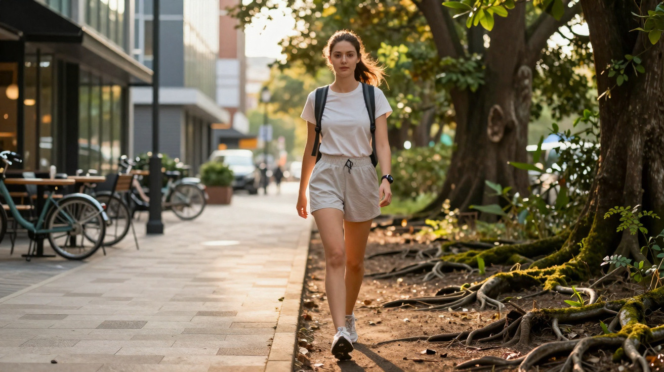 Mulher jovem com mochila a caminhar em calçada urbana junto a árvores e bicicletas estacionadas.