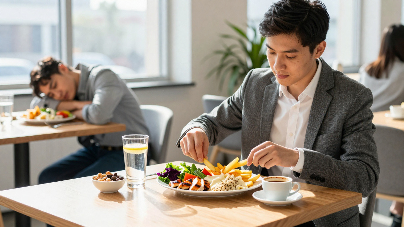 Homem de fato a comer uma refeição num restaurante, com outro homem adormecido numa mesa ao fundo.