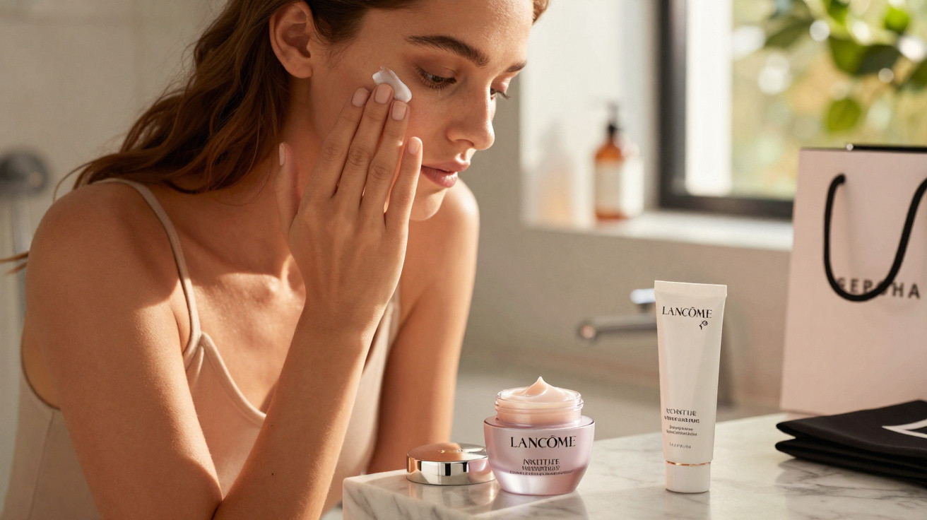 Mulher a aplicar creme de rosto Lancôme num ambiente luminoso e moderno de casa de banho.