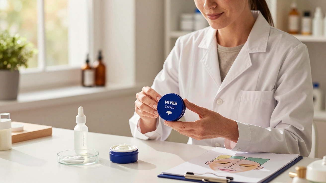 Mulher de bata branca segura creme Nivea numa clínica de dermatologia ou estética.
