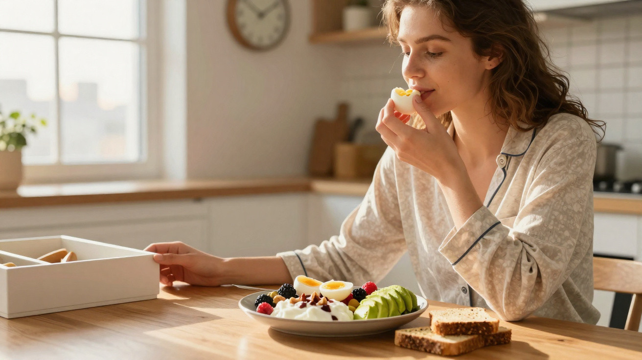 Mulher a comer ovo cozido sentada à mesa com prato de frutas, iogurte e pão numa cozinha iluminada.