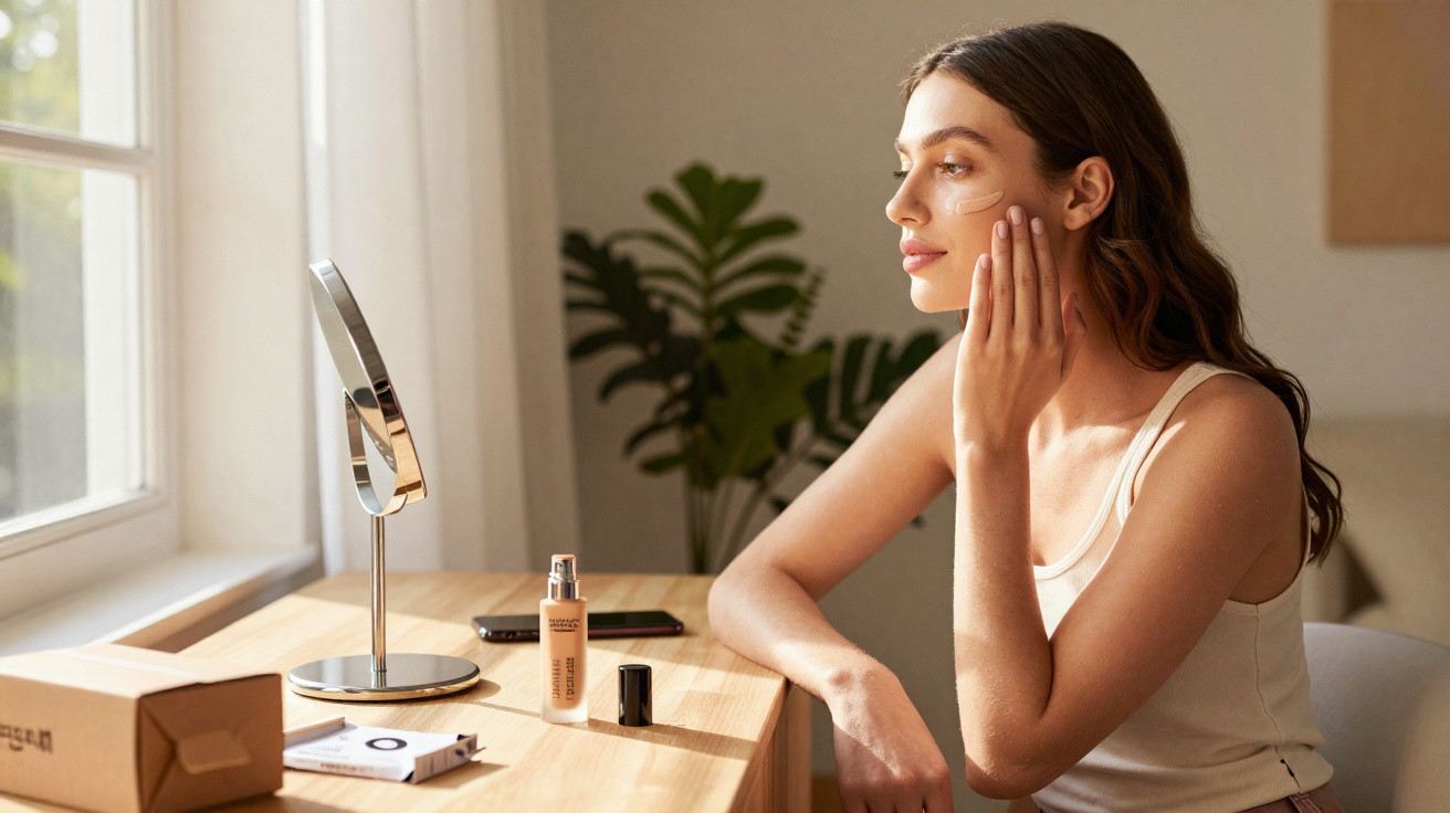 Mulher aplica base facial junto a espelho num ambiente iluminado e acolhedor.