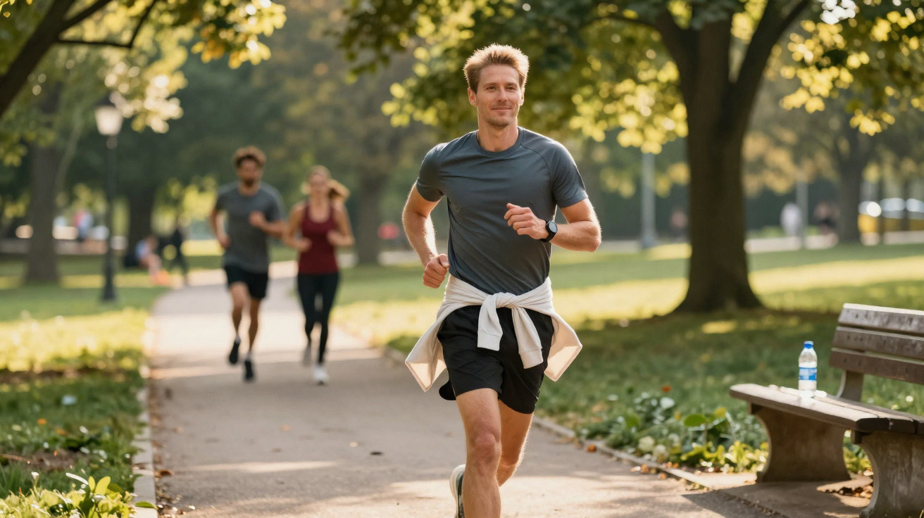 Homem a correr num parque ensolarado com duas pessoas a correr ao fundo e banco com garrafa de água.