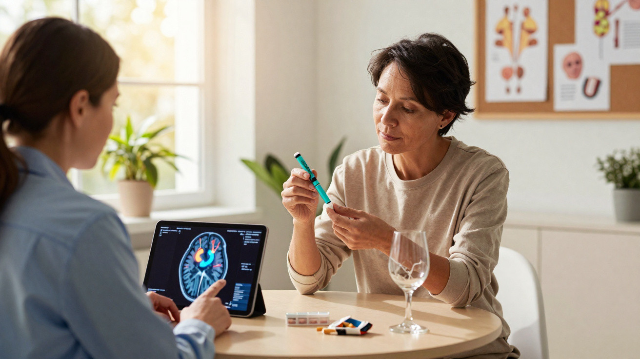 Mulher a usar caneta de insulina enquanto médico analisa imagem cerebral num tablet numa consulta.