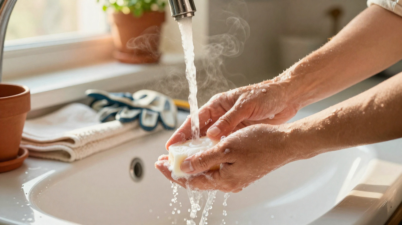 Mãos a lavar-se com sabonete sob torneira com água quente num lavatório branco, com luvas e plantas ao fundo.