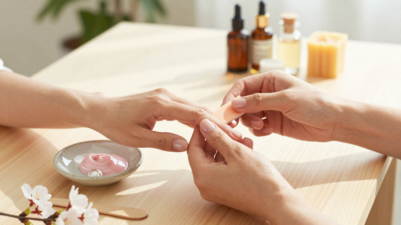 Aplicação de creme nas unhas durante sessão de manicure com produtos naturais numa mesa de madeira clara.