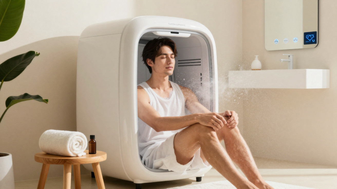 Homem relaxa numa cabine de sauna a vapor em ambiente moderno e minimalista.