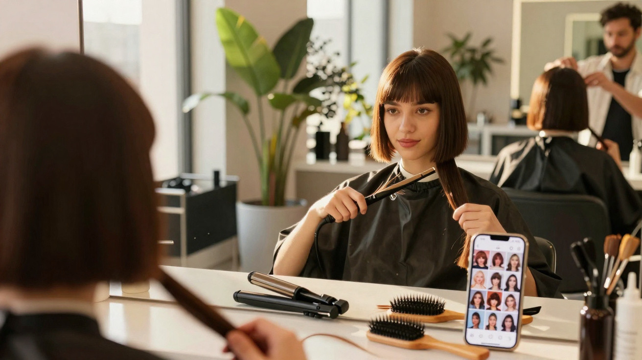 Mulher loira em salão de cabeleireiro usa prancha para alisar o cabelo perante espelho e telemóvel.