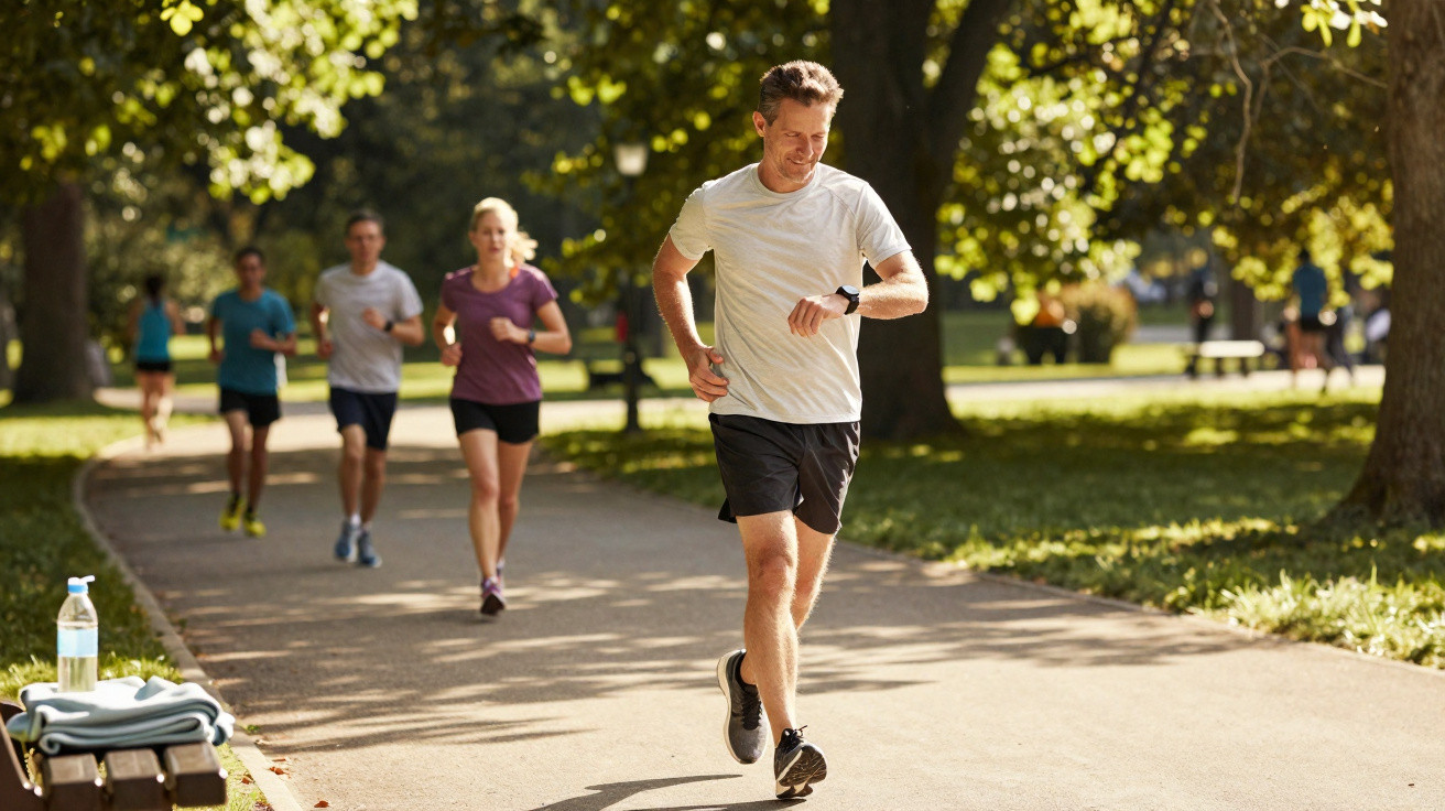 Homem a correr num parque ensolarado com várias pessoas a correr em fundo de árvores verdes.