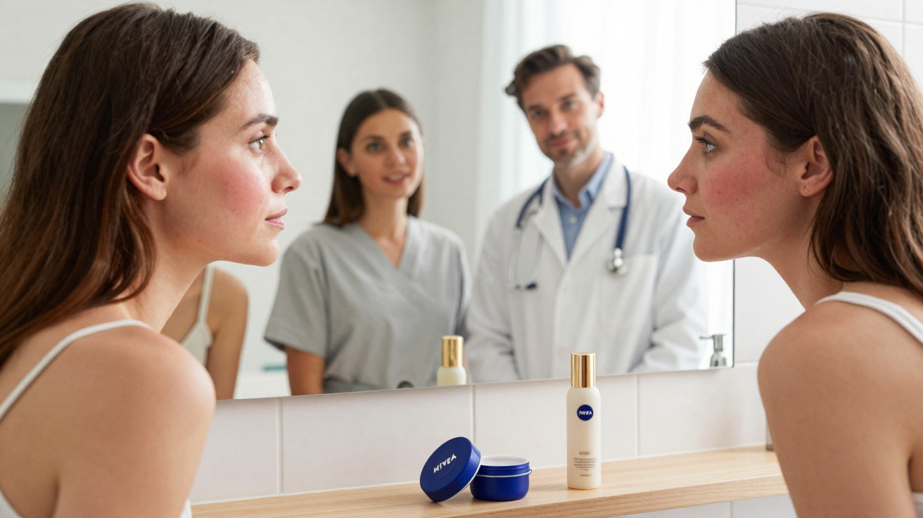 Mulher olha para o espelho com produtos Nivea e dois profissionais de saúde refletidos ao fundo.