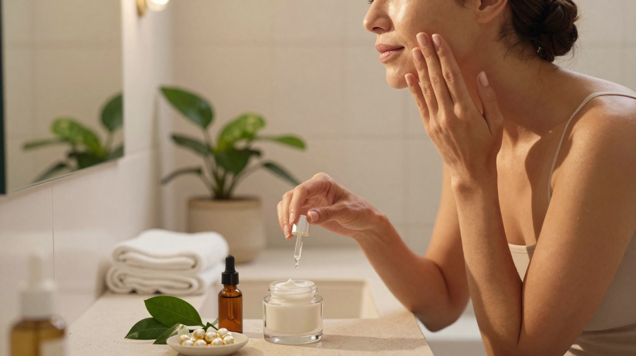 Mulher a aplicar soro facial com conta-gotas num creme, ao lado de toalhas e planta num lavatório.