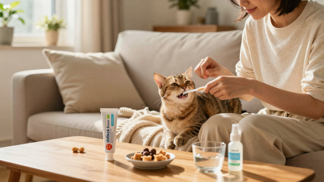 Pessoa a escovar os dentes a um gato numa sala com um sofá e mesa de madeira.