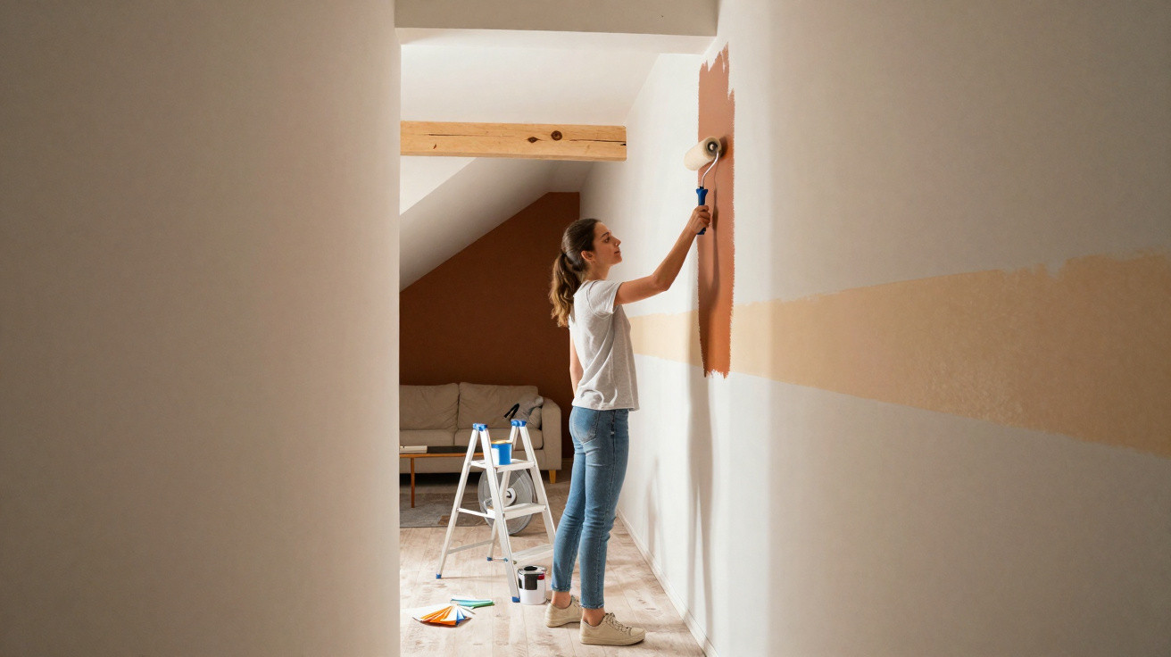 Mulher a pintar uma parede branca com tinta castanha numa divisão com tecto inclinado e sofá ao fundo.