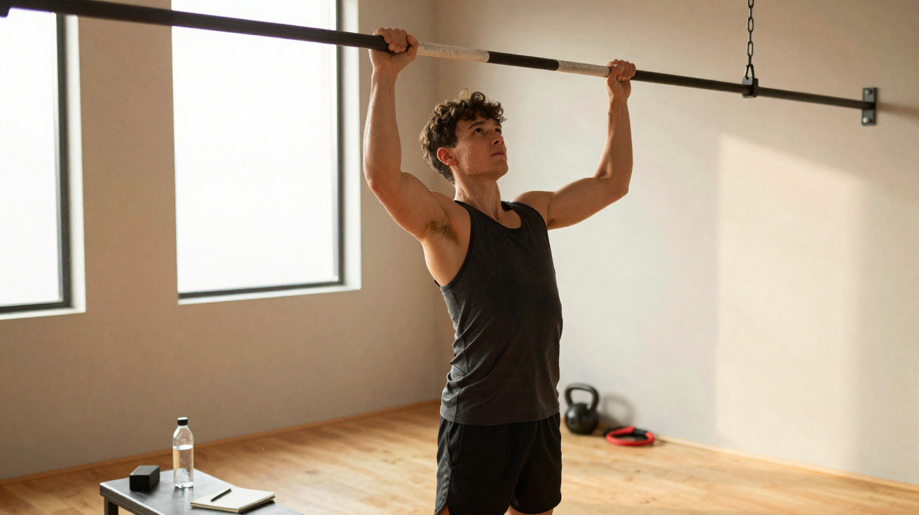 Homem a fazer exercício de elevação na barra numa sala com luz natural e equipamento de fitness no chão.