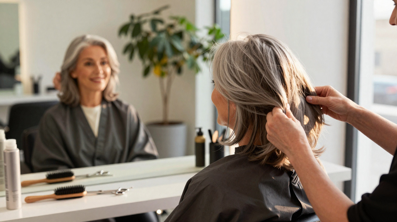 Mulher com cabelo grisalho a ser penteada num salão de cabeleireiro, olhando-se ao espelho.