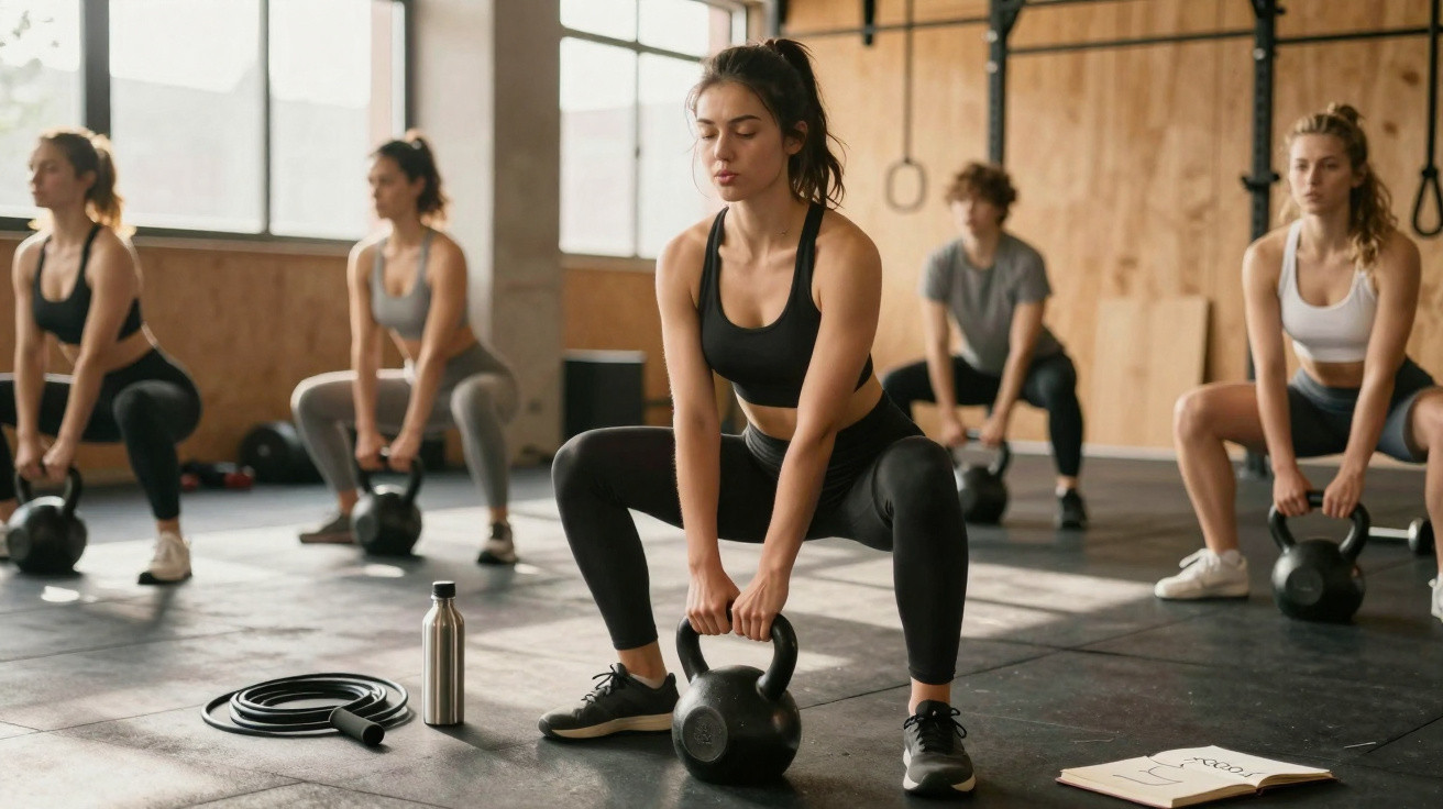 Grupo de mulheres a fazer exercício com pesas kettlebell num ginásio espaçoso e iluminado.