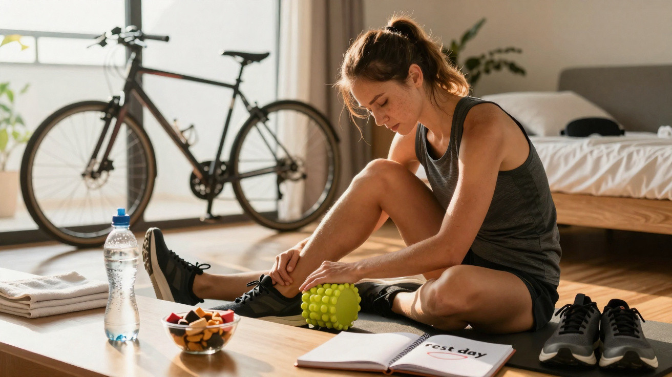 Mulher numa sala a massagear a perna com rolo de massagem após exercício, perto de bicicleta, frutas e garrafa de água.