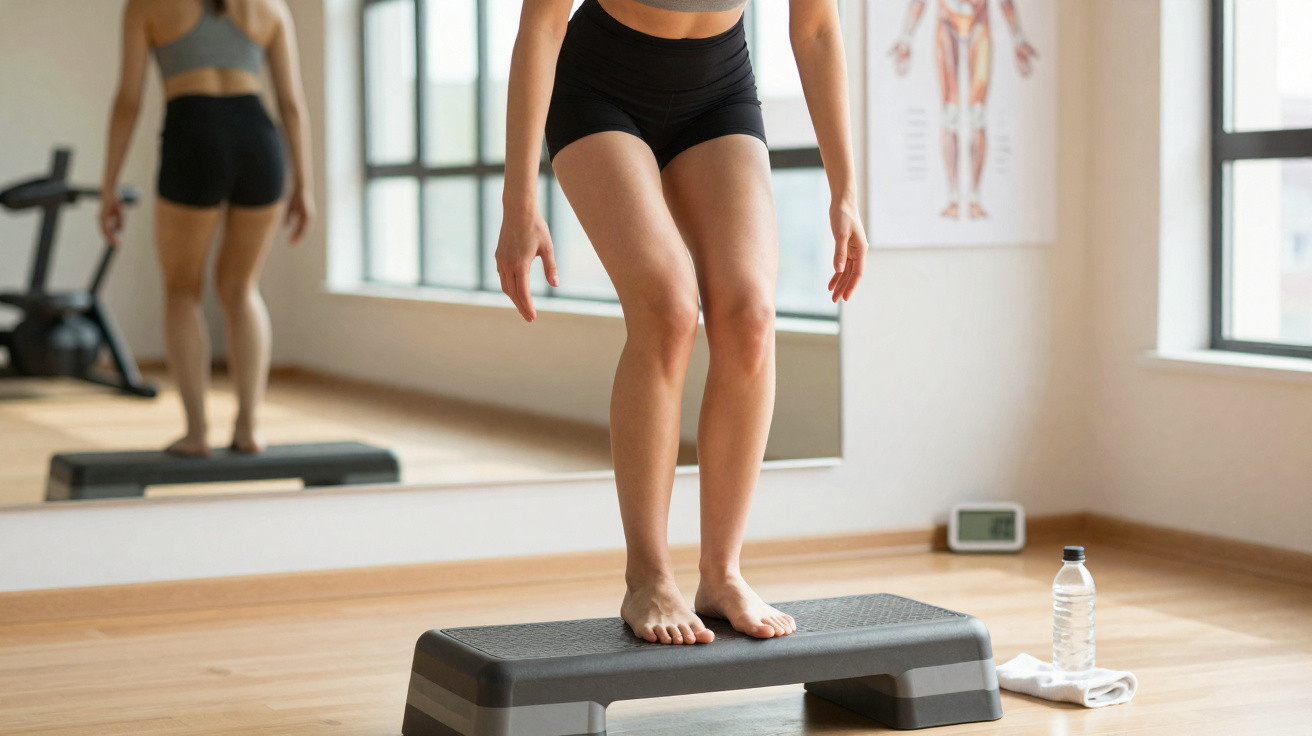 Mulher a fazer exercício com stepper numa sala de ginásio com espelho e janela iluminada.