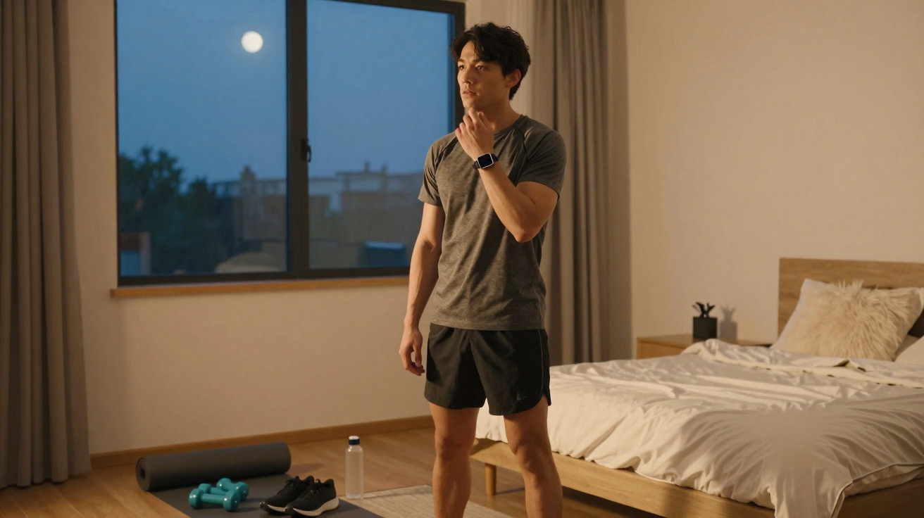 Homem de roupa desportiva a pensar junto a janela com lua cheia, quarto com cama e halteres no chão.